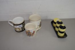 GROUP OF CERAMIC MUGS AND CONDIMENT SET WITH YELLOW AND BLACK DESIGN