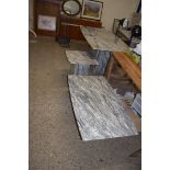 SUITE OF MODERN GREY MARBLE TABLES COMPRISING A LARGE PEDESTAL DINING TABLE, A SIMILAR COFFEE