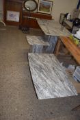 SUITE OF MODERN GREY MARBLE TABLES COMPRISING A LARGE PEDESTAL DINING TABLE, A SIMILAR COFFEE