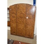 EARLY 20TH CENTURY BURR WALNUT VENEERED TRIPLE DOOR WARDROBE, 145CM WIDE