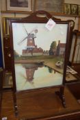 EARLY 20TH CENTURY FIRE SCREEN, INSET WITH A PICTURE OF A WINDMILL