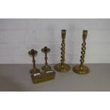 QTY OF BRASS WARES INCLUDING A SMALL TIN AND A PAIR OF CANDLESTICKS