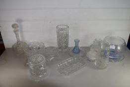 CUT GLASS WARES, DECANTER, VASE, SMALL BOWL ETC