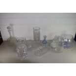 CUT GLASS WARES, DECANTER, VASE, SMALL BOWL ETC