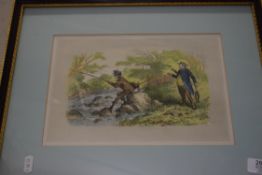 19TH CENTURY COLOURED PRINT OF A FISHING SCENE, FRAMED AND GLAZED