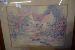 DAVINA DARIEN COLOURED PRINT OF A COUNTRY COTTAGE, FRAMED AND GLAZED,