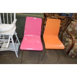 MODERN PINK PAINTED FRAMED CHAIR AND A SIMILAR ORANGE EXAMPLE