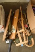 BOX MIXED ITEMS, CRICKET BAT, SKATEBOARD, BADMINTON RACKET ETC