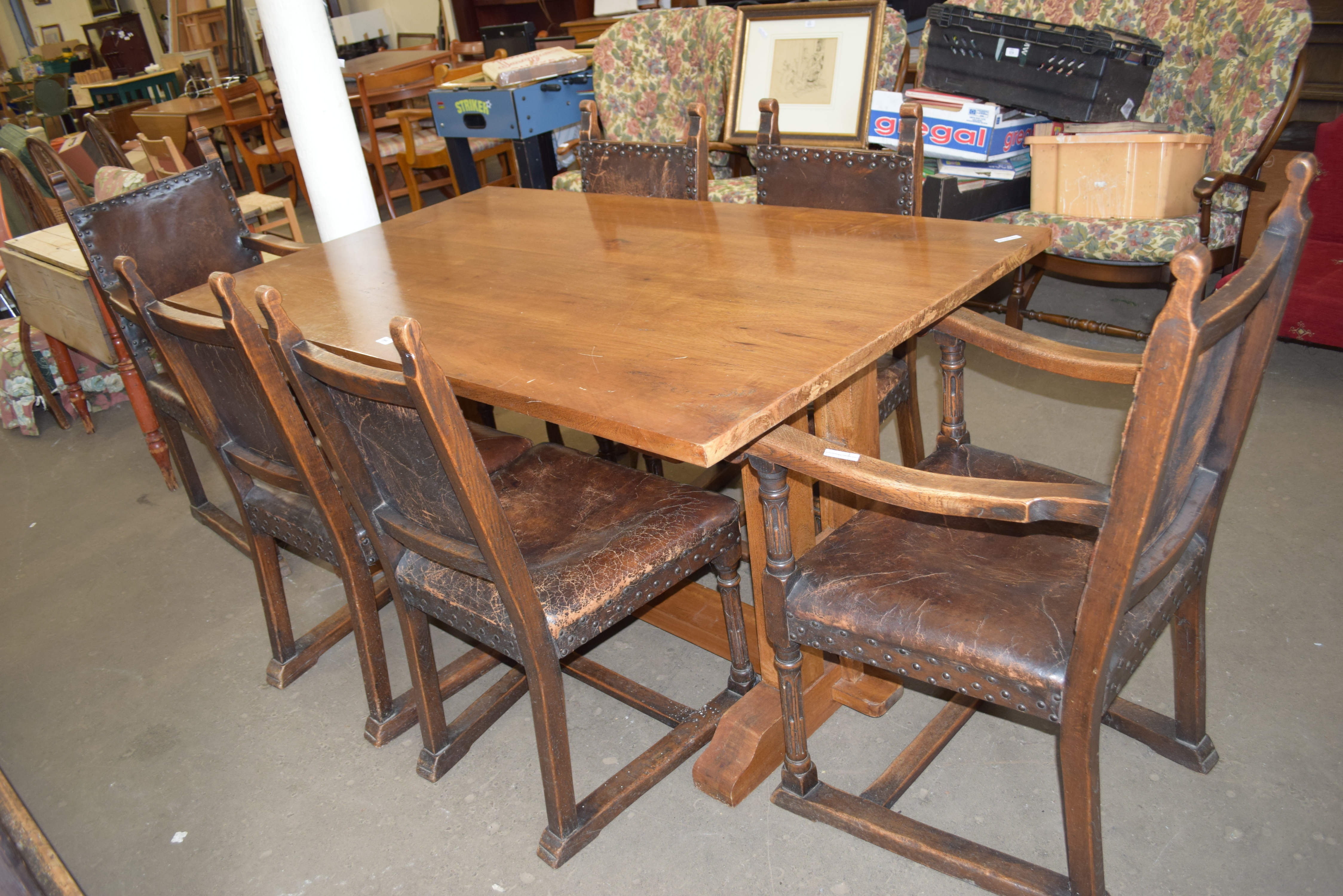 LARGE REFECTORY TYPE DINING TABLE WITH SIX ACCOMPANYING LEATHER UPHOLSTERED OAK DINING CHAIRS, TABLE