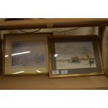 J ELLIOTT, SMALL WATERCOLOUR STUDY OF BOATS TOGETHER WITH A COLOURED PRINT, BOTH FRAMED AND