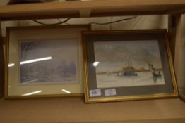 J ELLIOTT, SMALL WATERCOLOUR STUDY OF BOATS TOGETHER WITH A COLOURED PRINT, BOTH FRAMED AND