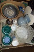 BOX VARIOUS MIXED CERAMICS AND GLASS, STUDIO POTTERY BOWLS ETC