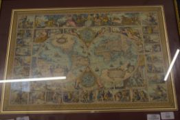 COLOURED PRINT, MAP OF THE WORLD, IN EBONISED FRAME, 68CM WIDE