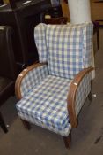 EARLY 20TH CENTURY HARDWOOD FRAMED CHAIR WITH CHEQUERED UPHOLSTERY, 55CM WIDE