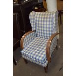 EARLY 20TH CENTURY HARDWOOD FRAMED CHAIR WITH CHEQUERED UPHOLSTERY, 55CM WIDE