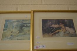 TWO COLOURED PRINTS AFTER WILLIAM RUSSELL FLINT, TOGETHER WITH A FURTHER SMALL WATERCOLOUR STUDY