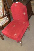 SMALL 19TH CENTURY RED UPHOLSTERED LOW CHAIR, 48CM WIDE