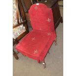 SMALL 19TH CENTURY RED UPHOLSTERED LOW CHAIR, 48CM WIDE