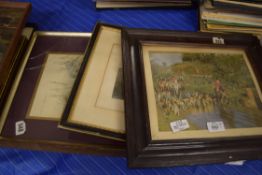 MIXED LOT: FRAMED PRINTS TO INCLUDE HUNTING SCENE, STRATFORD, BOW BRIDGE ETC