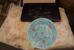 MODERN CHINESE PLATE, LACQUERED TRAY AND DECORATED CUSHIONS