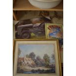 MIXED LOT: REPRODUCTION FENDT METAL ADVERTISING PICTURE, HOLOGRAPHIC PICTURE OF A TRACTOR AND A