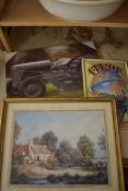 MIXED LOT: REPRODUCTION FENDT METAL ADVERTISING PICTURE, HOLOGRAPHIC PICTURE OF A TRACTOR AND A