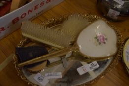 MIRRORED DRESSING TABLE TRAY TOGETHER WITH BRUSHES, HAND MIRROR AND OTHER ITEMS