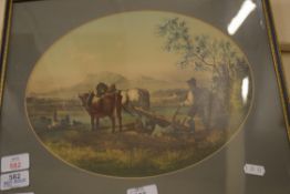 OVAL COLOURED PRINT, PLOUGHING SCENE, FRAMED AND GLAZED, 41CM WIDE
