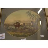 OVAL COLOURED PRINT, PLOUGHING SCENE, FRAMED AND GLAZED, 41CM WIDE