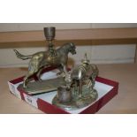 MIXED LOT: SMALL BRASS CANDLE HOLDER MODELLED AS A DOG AND A FURTHER DESK ORNAMENT MODELLED AS A