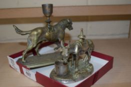 MIXED LOT: SMALL BRASS CANDLE HOLDER MODELLED AS A DOG AND A FURTHER DESK ORNAMENT MODELLED AS A