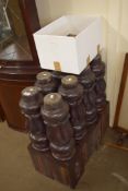EIGHT SNOOKER TABLE LEGS AND A BOX OF SNOOKER TABLE POCKETS