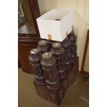 EIGHT SNOOKER TABLE LEGS AND A BOX OF SNOOKER TABLE POCKETS