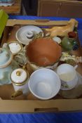 BOX OF MIXED CERAMICS TO INCLUDE ROYAL DOULTON TEA WARES, POTTERY JARDINIERE, ADAMS CALYX WARE TEA