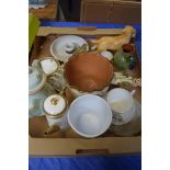 BOX OF MIXED CERAMICS TO INCLUDE ROYAL DOULTON TEA WARES, POTTERY JARDINIERE, ADAMS CALYX WARE TEA