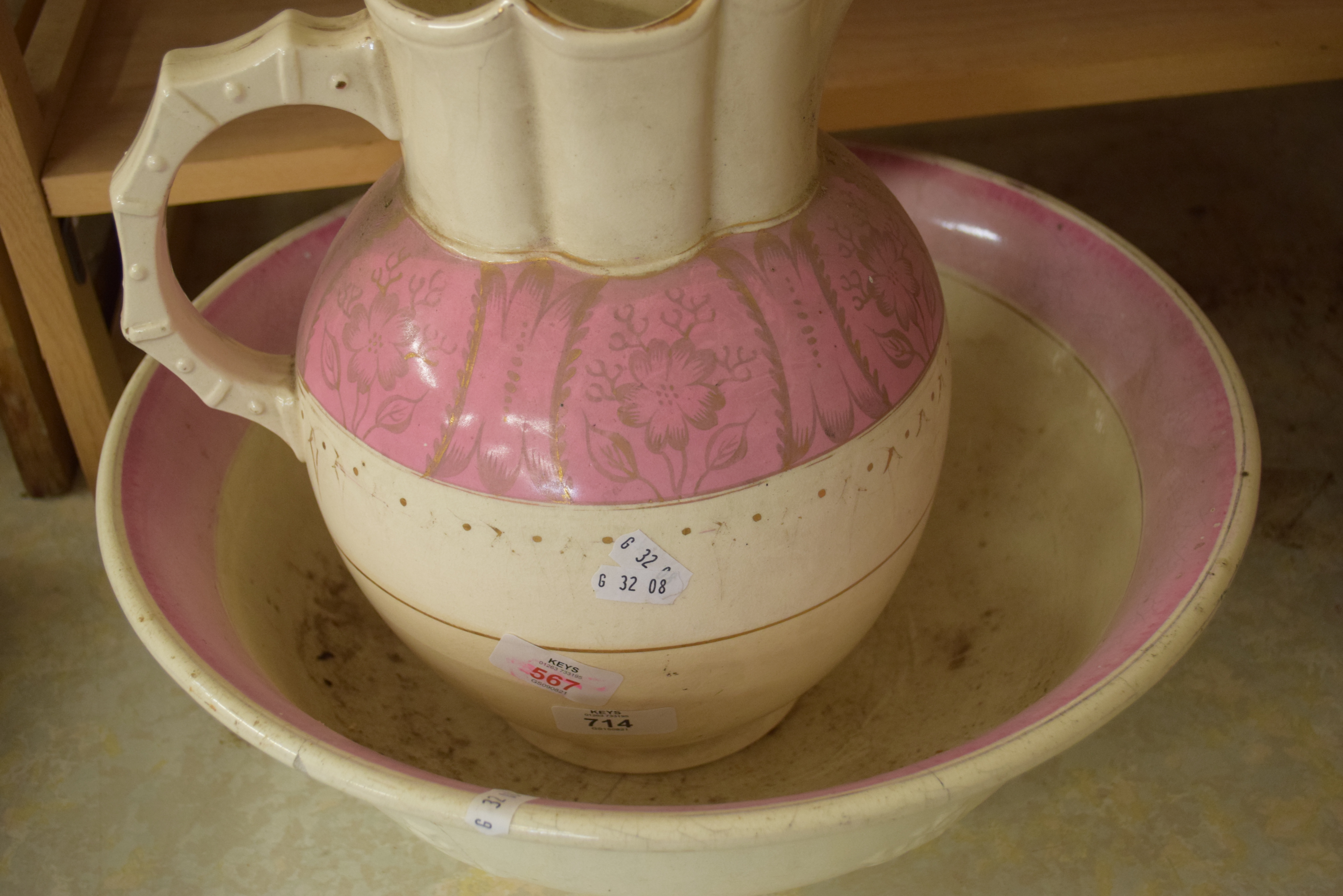 PINK DECORATED WASHBOWL AND JUG