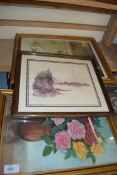 OIL STUDY OF A VASE OF ROSES TOGETHER WITH TWO FRAMED PRINTS (3)