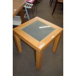 GLASS TOPPED LIGHT WOOD OCCASIONAL TABLE, 50CM WIDE