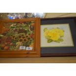 ROSE TAYLOR STUDY OF PRIMROSES, WATERCOLOUR, FRAMED AND GLAZED, TOGETHER WITH A FURTHER FRAMED PRINT
