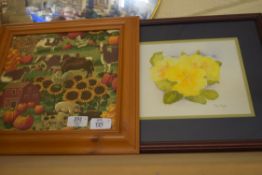 ROSE TAYLOR STUDY OF PRIMROSES, WATERCOLOUR, FRAMED AND GLAZED, TOGETHER WITH A FURTHER FRAMED PRINT