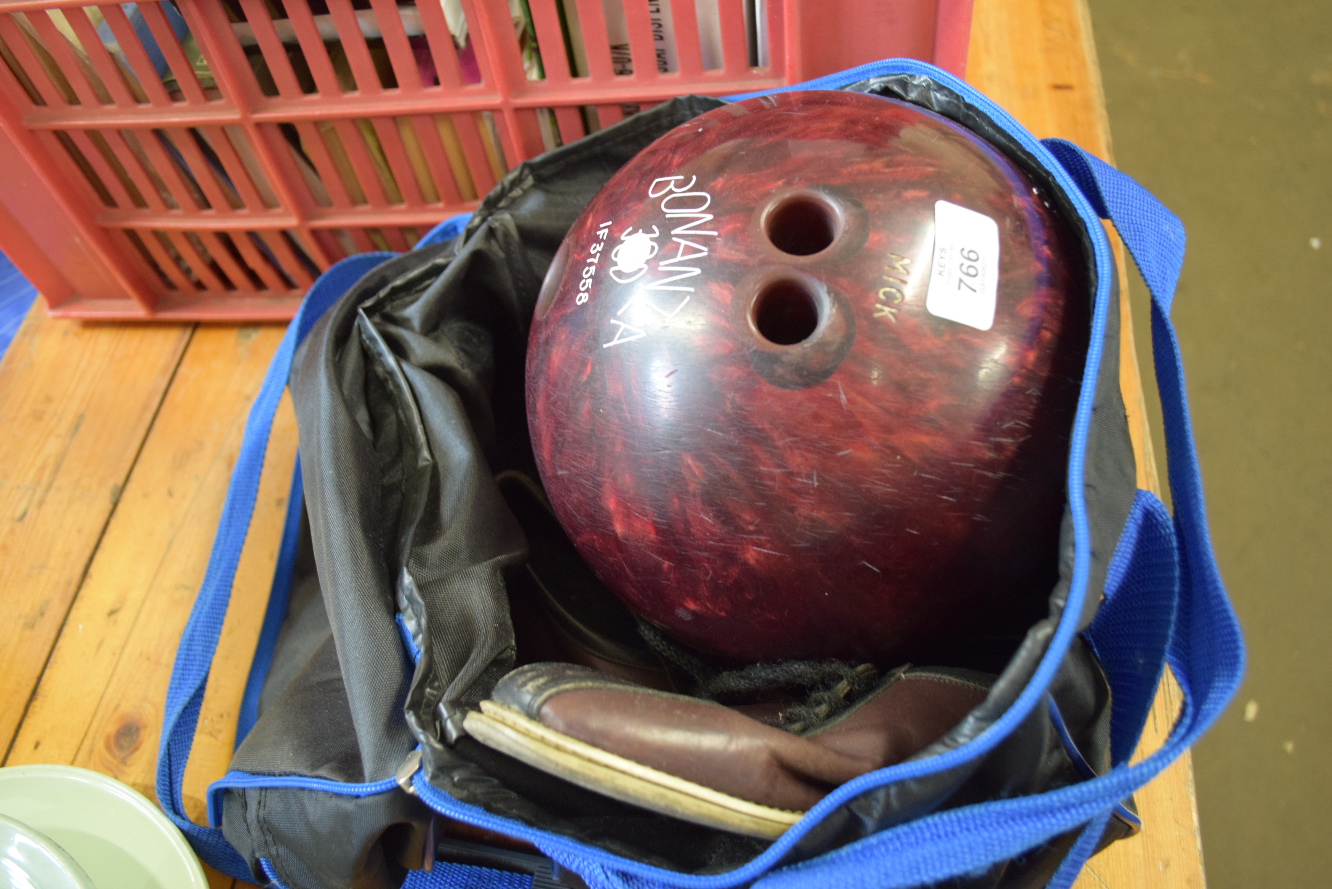 BONANZA BOWLING BALL TOGETHER WITH PAIR OF SHOES AND CARRY CASE