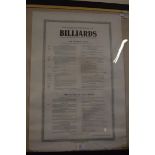 THE RULES OF THE GAME OF BILLIARDS IN EBONISED FRAME, 86CM HIGH