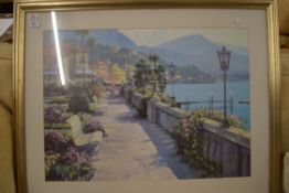 ARTHUR BETRENS COLOURED PRINT, BAY SCENE, FRAMED AND GLAZED, 99CM WIDE