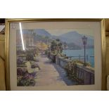 ARTHUR BETRENS COLOURED PRINT, BAY SCENE, FRAMED AND GLAZED, 99CM WIDE