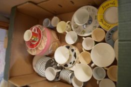 BOX OF MIXED COFFEE CUPS AND SAUCERS AND OTHER MIXED WARES