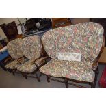 ERCOL STYLE DARK WOOD FRAMED TWO SEATER SOFA AND PAIR OF ARMCHAIRS