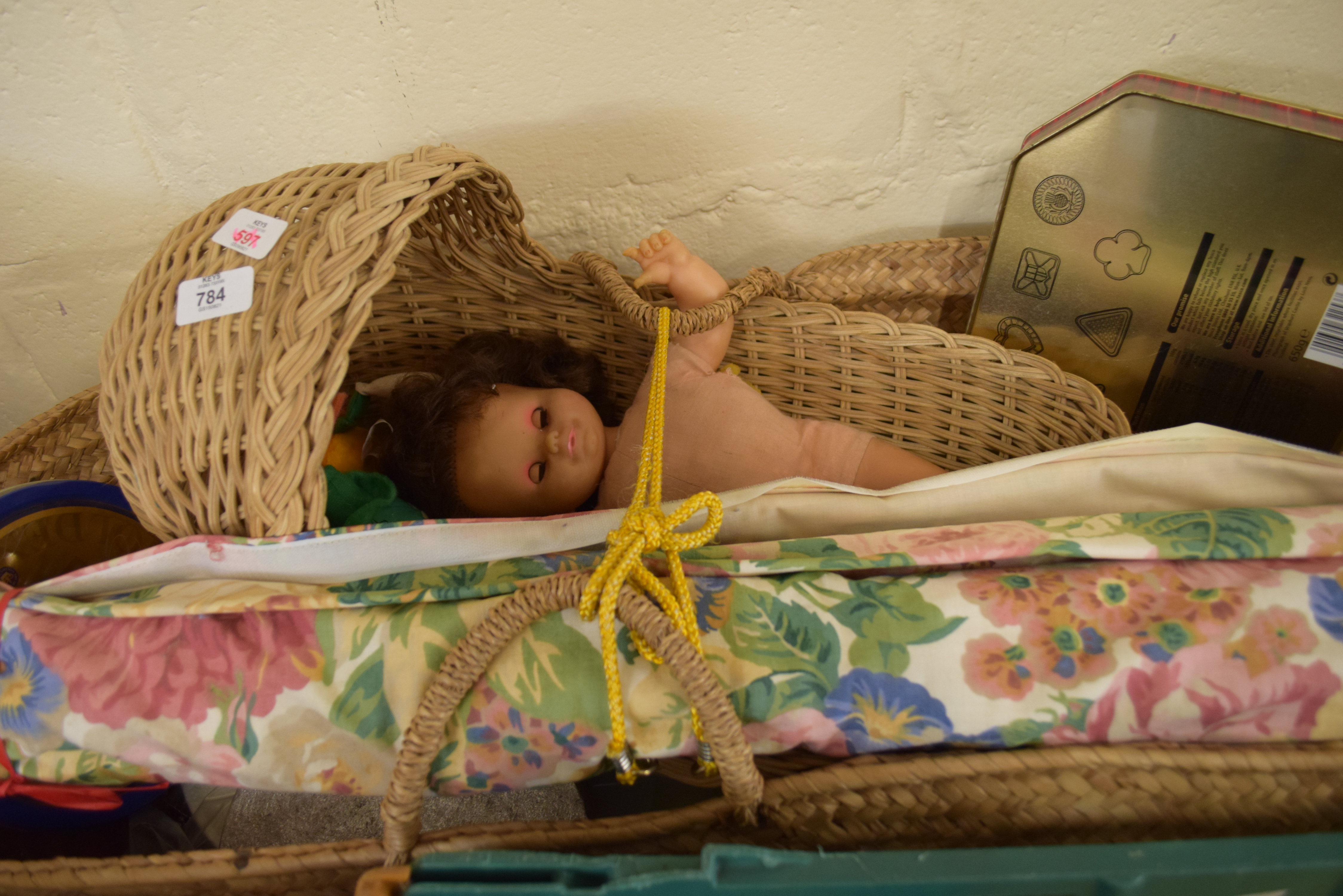 WICKER DOLLS COT CONTAINING DOLL, FABRIC BLIND, SUNDRIES ETC