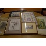MIXED LOT: PICTURES TO INCLUDE FRAMED PRINT OF KITTENS, PHOTOGRAPH, NEEDLEWORK PICTURE ETC