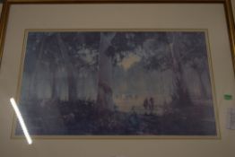 COLOURED PRINT, AUSTRALIAN BUSH SCENE, FRAMED AND GLAZED