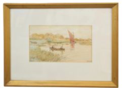 Percy Youngs (British, 20th century), Fishing on a river overlooked by a Norfolk wherry, watercolour